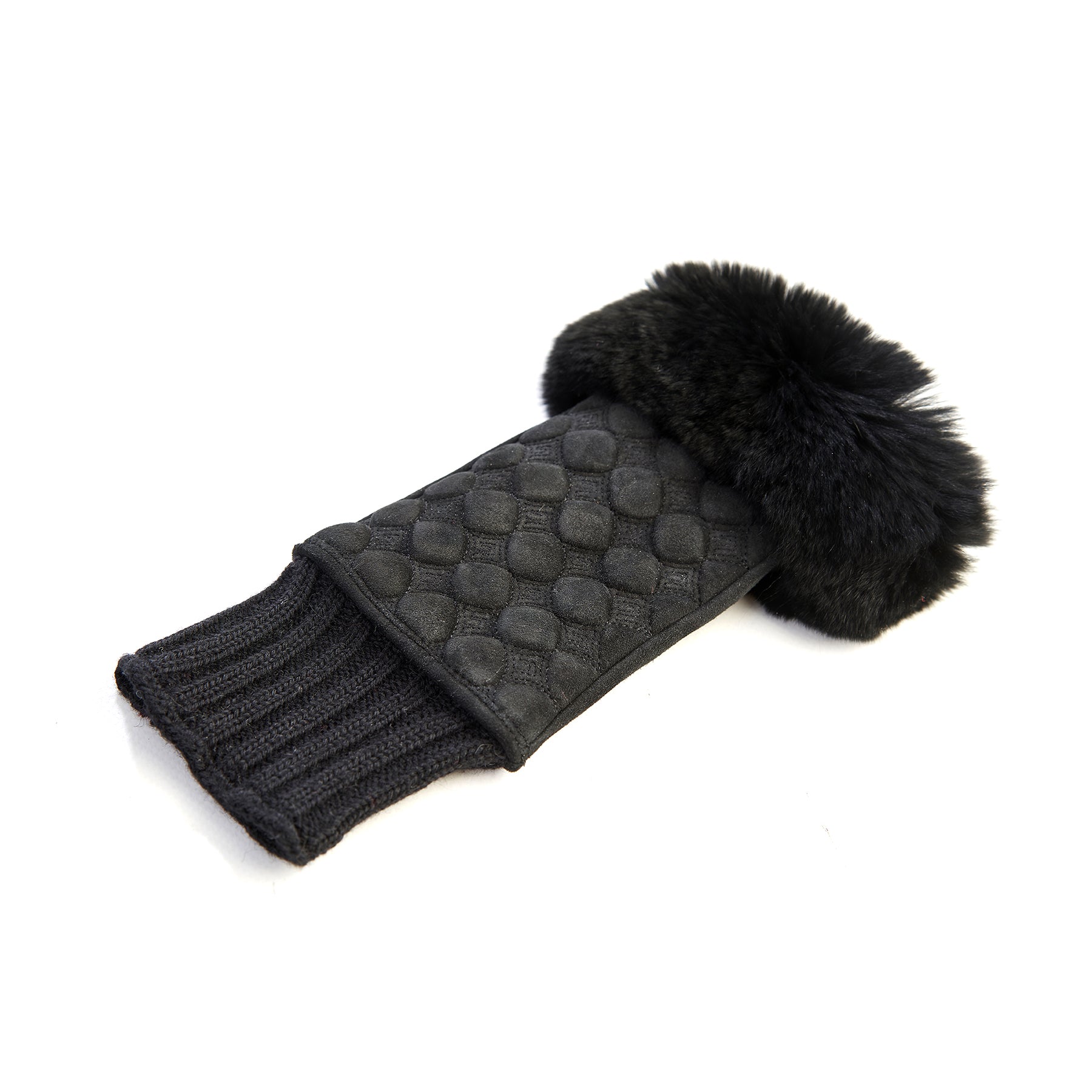 Women's black suede leather fingerless with wool cuff and natural fur on finger tips