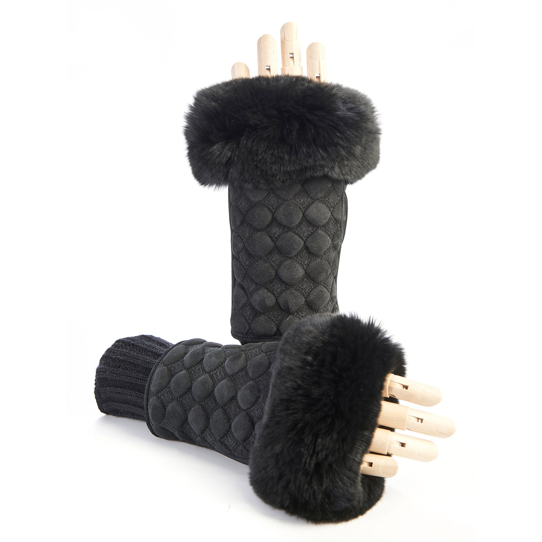 Damen-Wildleder Leder fingerlose Handschuhe • Wolle Manschette und Echtpelz – Gala Gloves