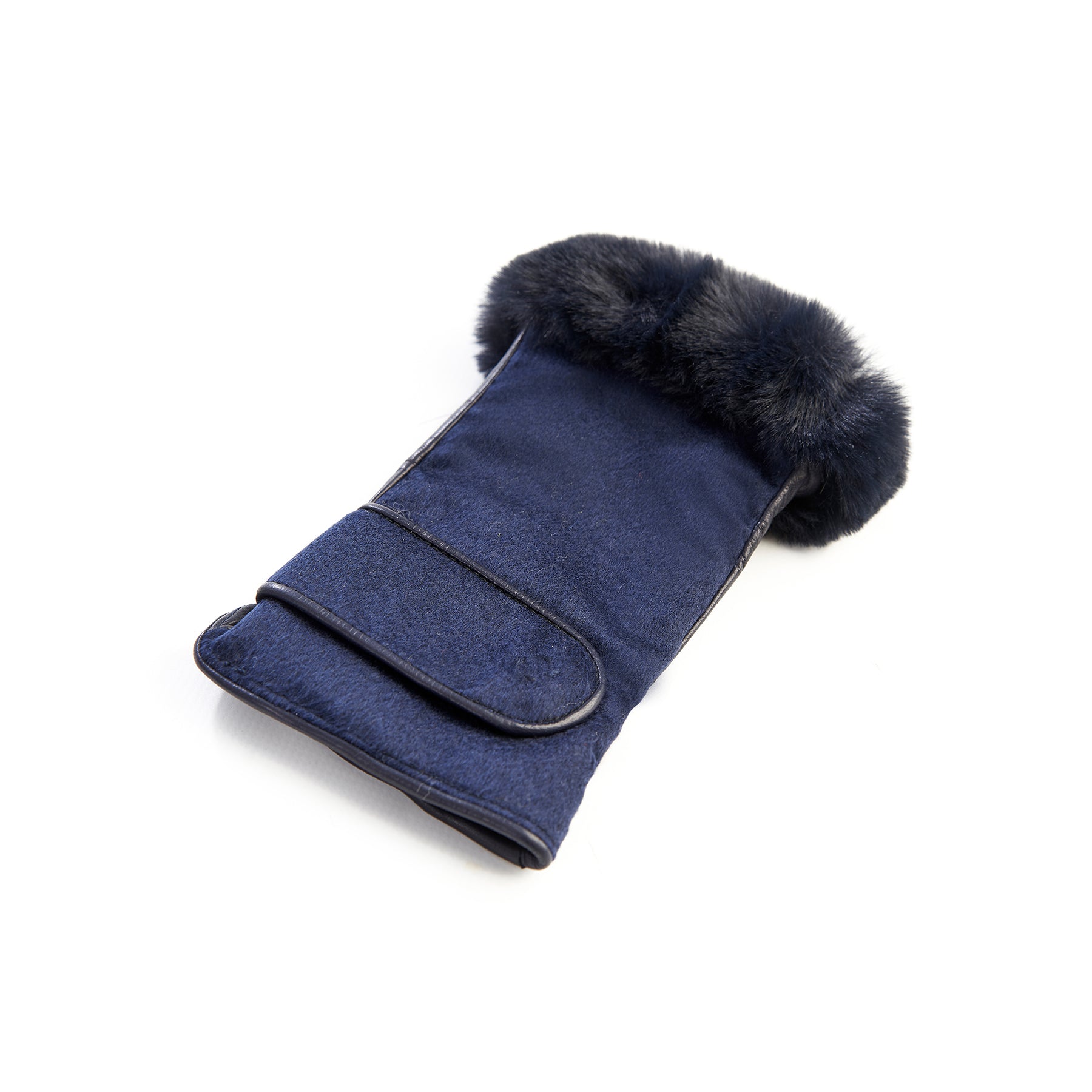 Women's blue leather fingerless with pure Holland &amp; Sherry cashmere top and eco fur detail on finger tips
