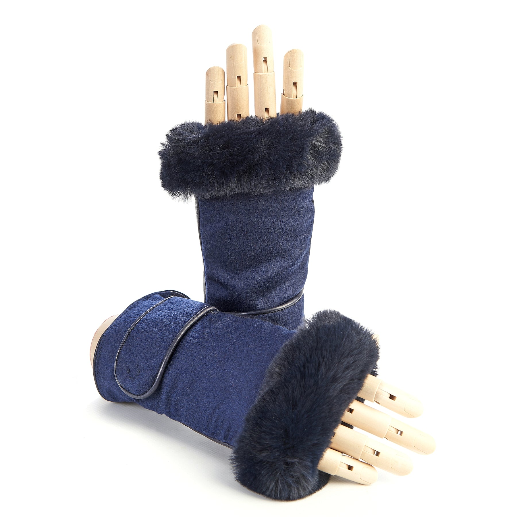Women's blue leather fingerless with pure Holland &amp; Sherry cashmere top and eco fur detail on finger tips