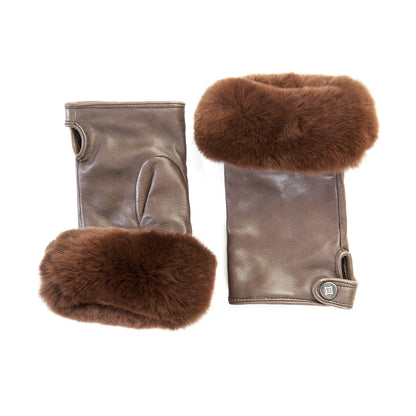 Women's mud sheepskin fingerless with natural fur on the tip of the fingers cashmere lined