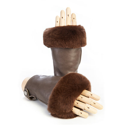 Women's mud sheepskin fingerless with natural fur on the tip of the fingers cashmere lined