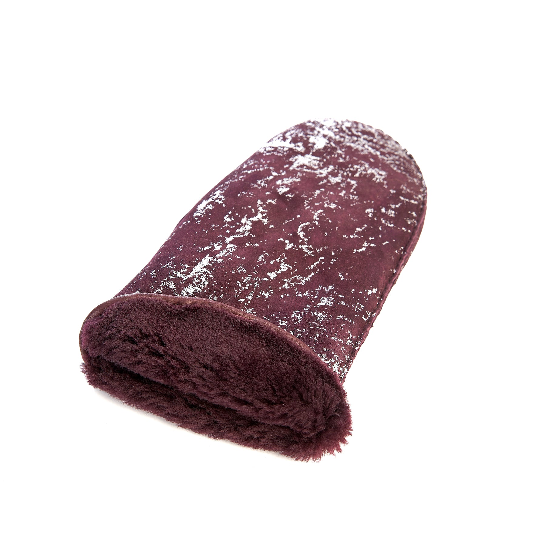 Women's lambksin mitten in color purple and silver