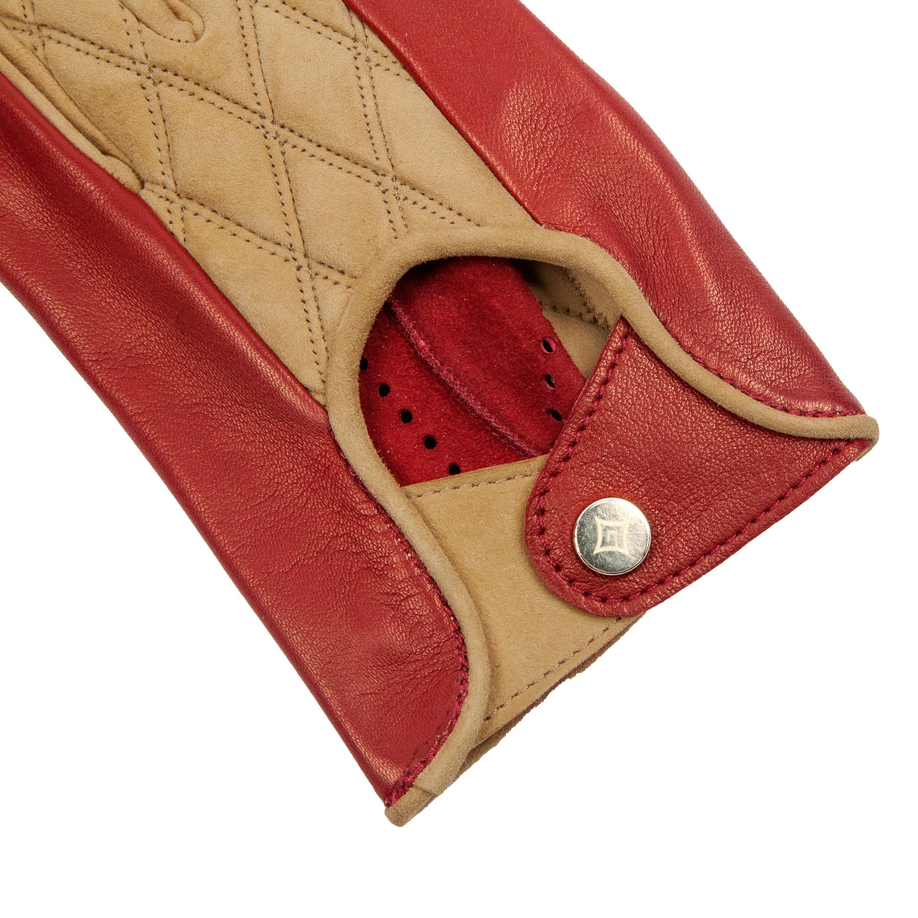 Men's rum-colored nappa and taupe quilted suede unlined gloves