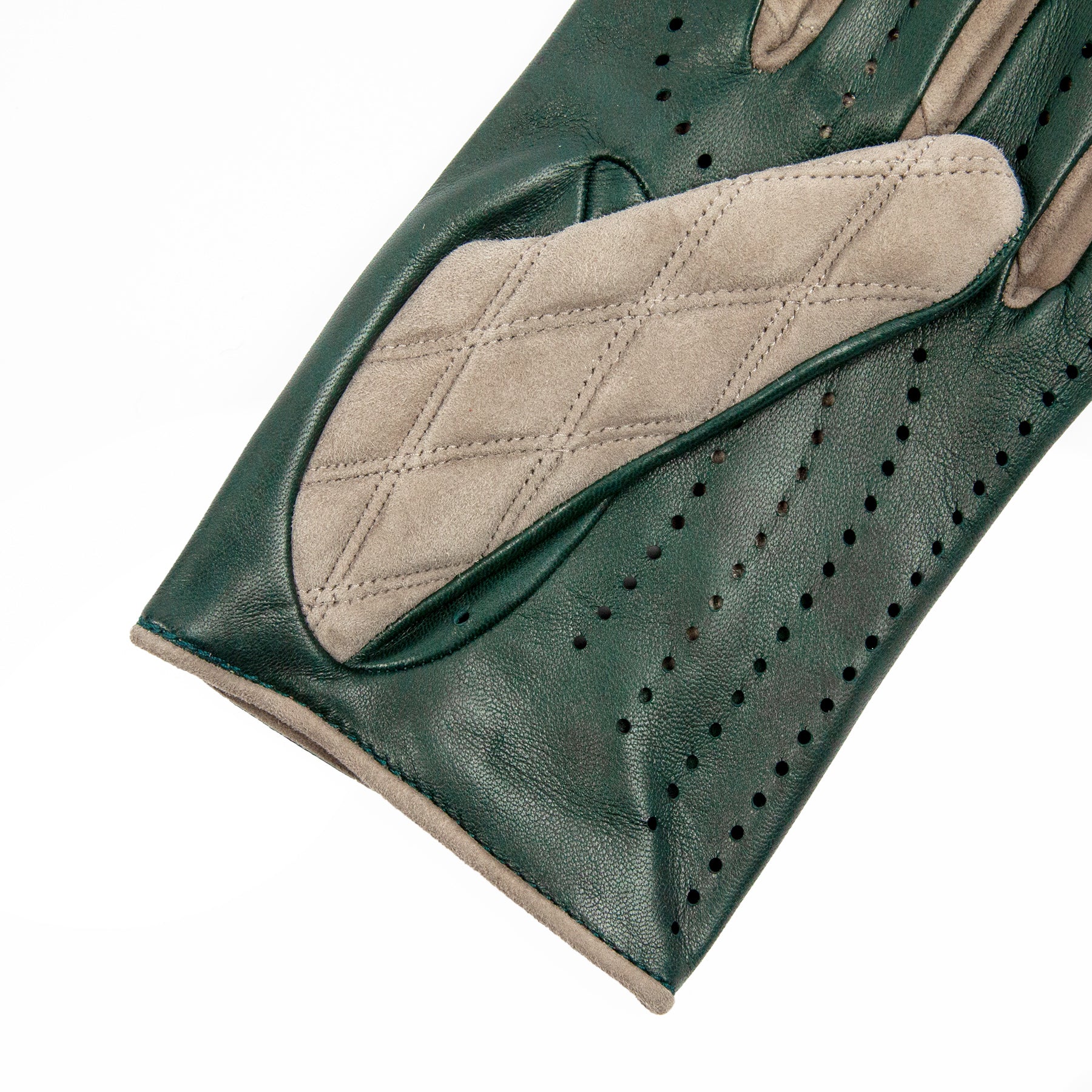 Men's green nappa and taupe quilted suede unlined gloves