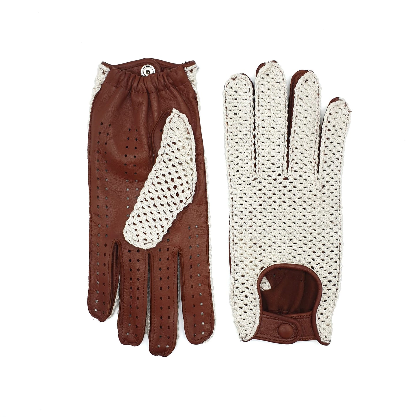 Men's cognac leather driving gloves with crochet top