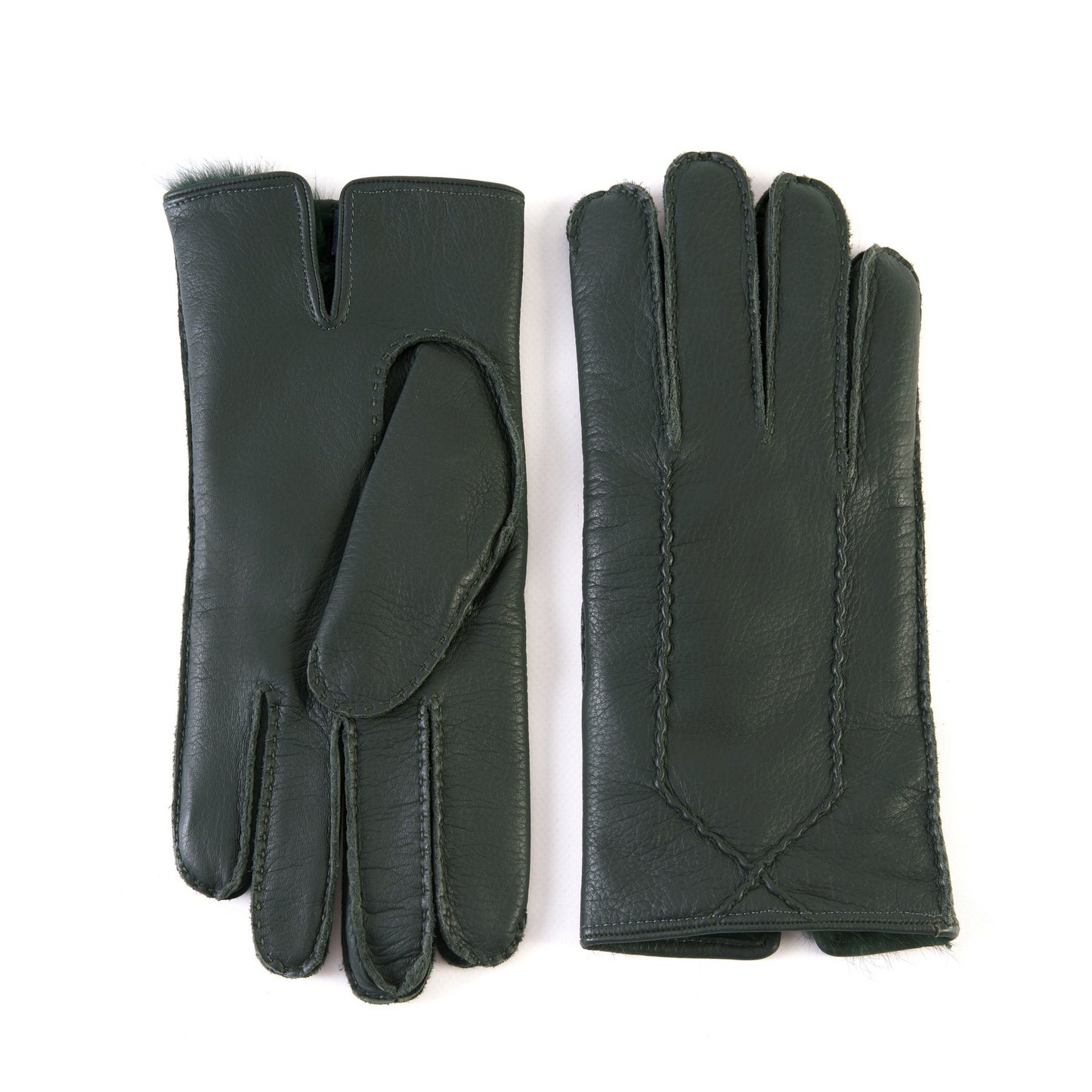 Men's fully hand-stitched taupe elk leather gloves with soft dyed natural fur lining