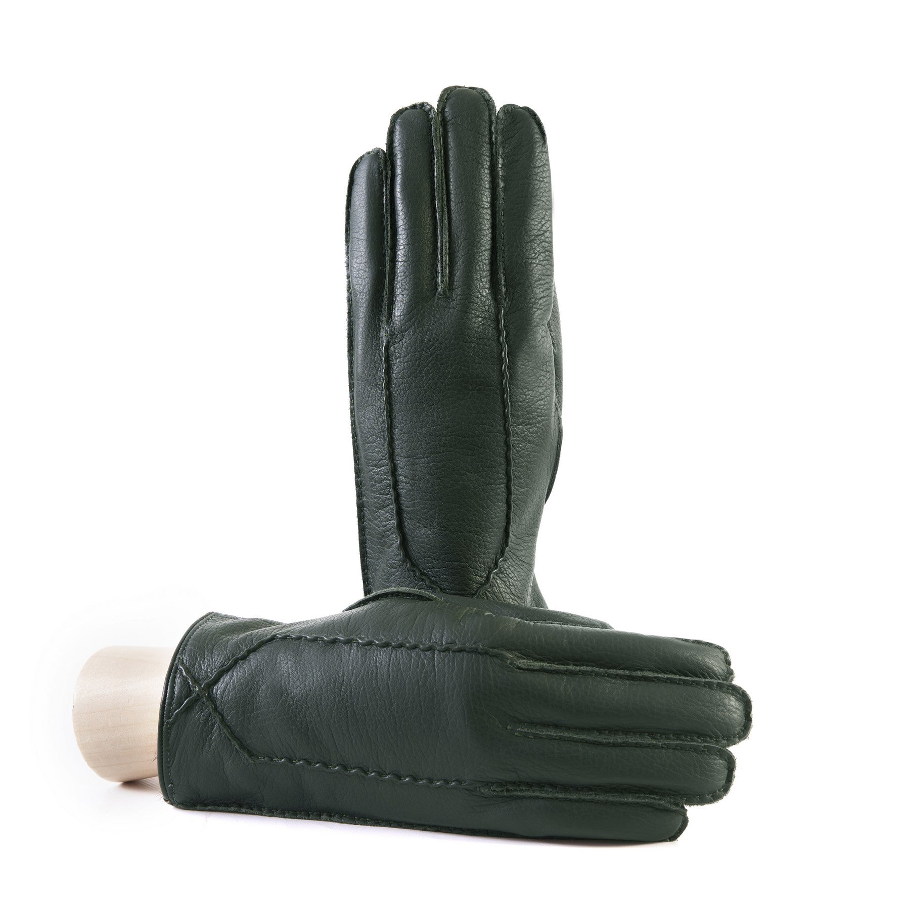 Men's fully hand-stitched taupe elk leather gloves with soft dyed natural fur lining