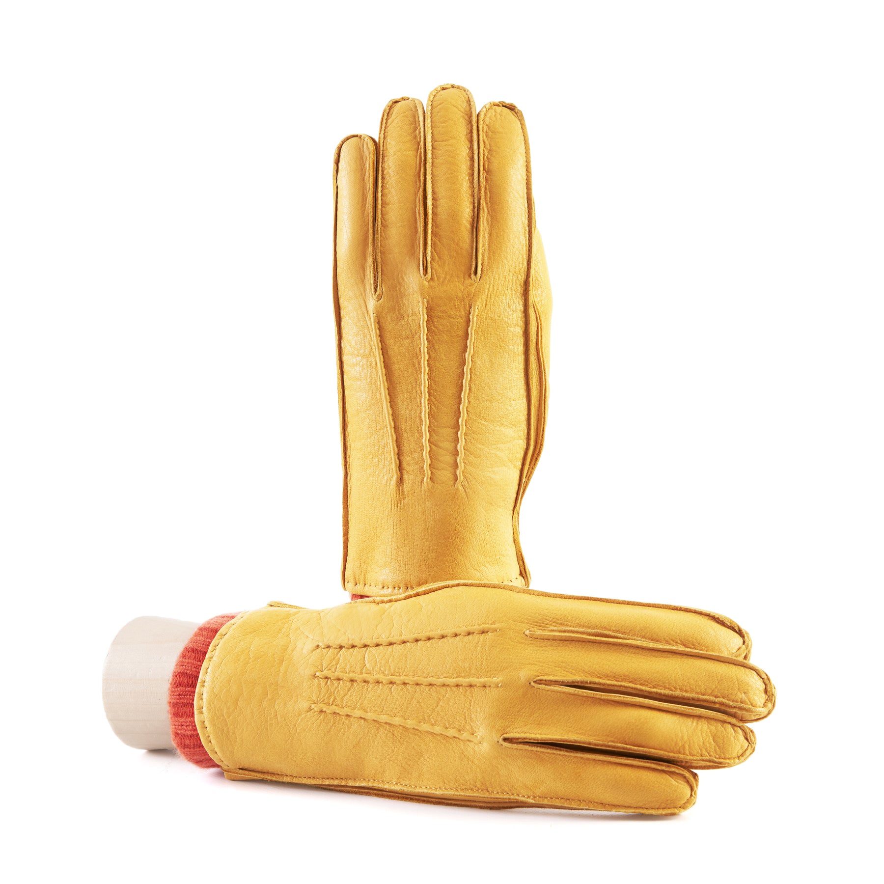 Men's yellow deerskin gloves with orange cashmere lining with cuff