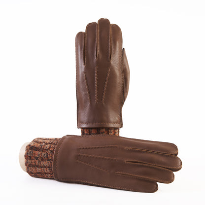 Men's light brown deerskin gloves with wool lining with cuff