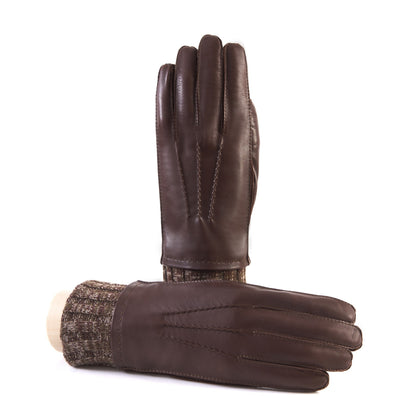 Men's brown nappa leather gloves with cashmere lining and wool cuff