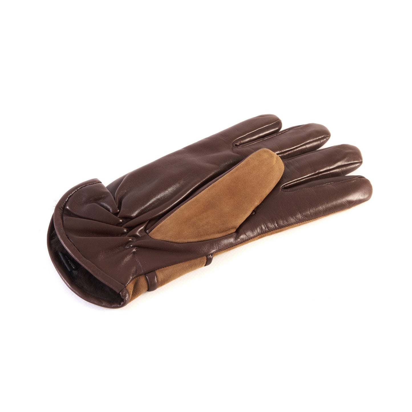 Men's tobacco nappa and suede leather gloves with button and real fur lining