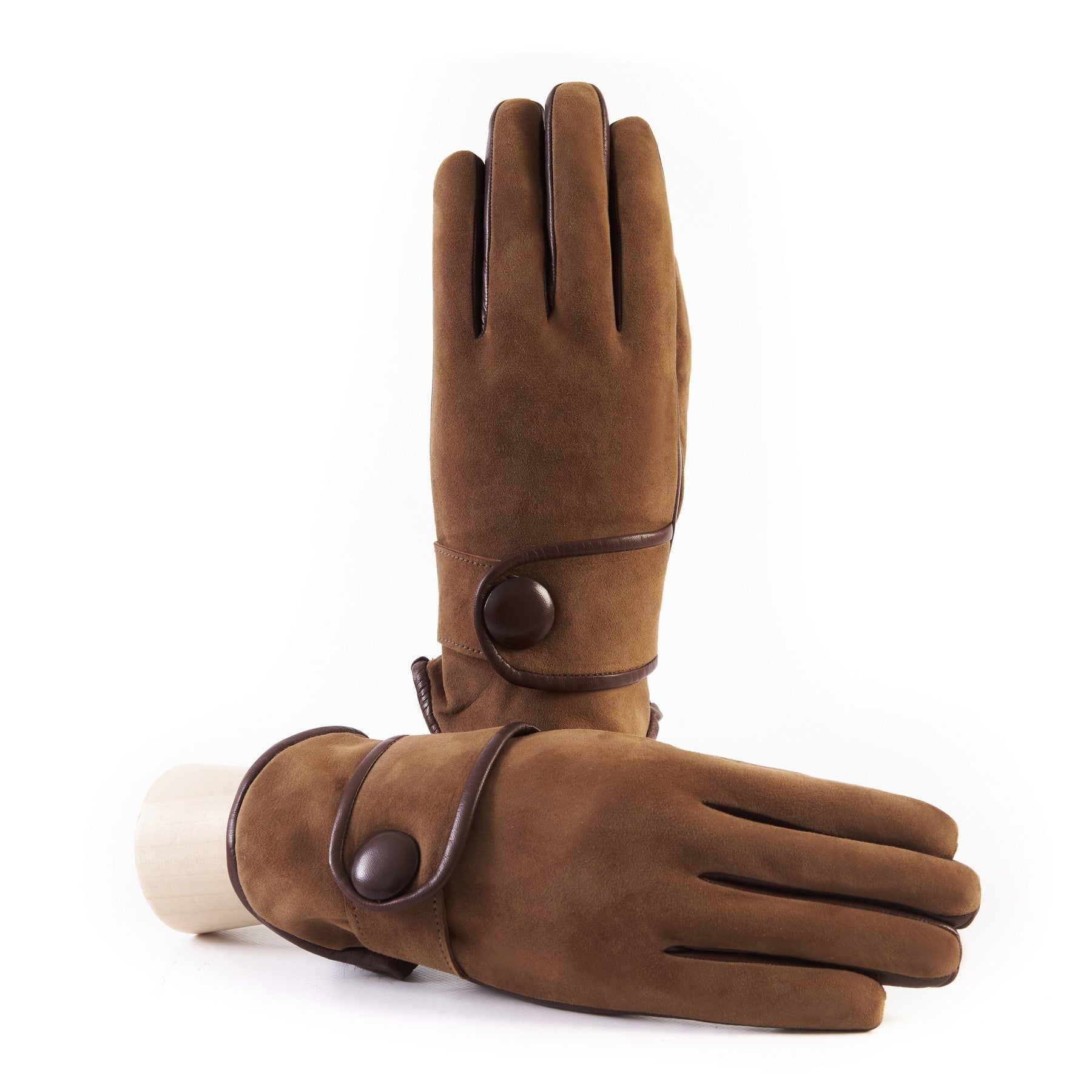 Men's tobacco nappa and suede leather gloves with button and real fur lining
