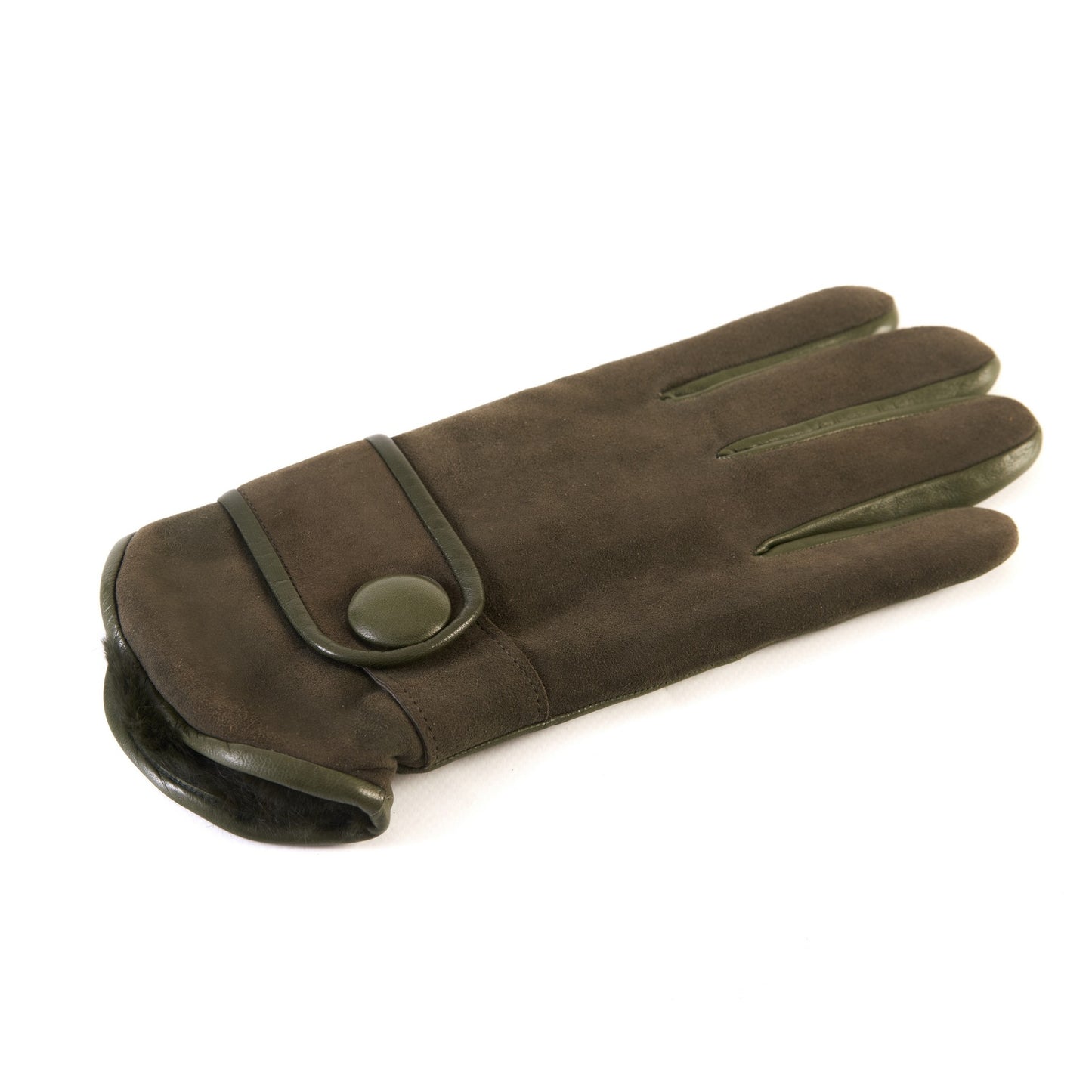 Men's green nappa and suede leather gloves with button and real fur lining