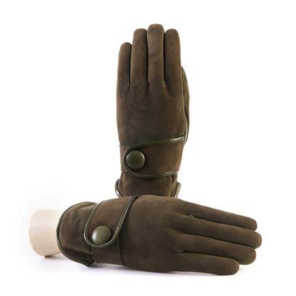 Men's green nappa and suede leather gloves with button and real fur lining