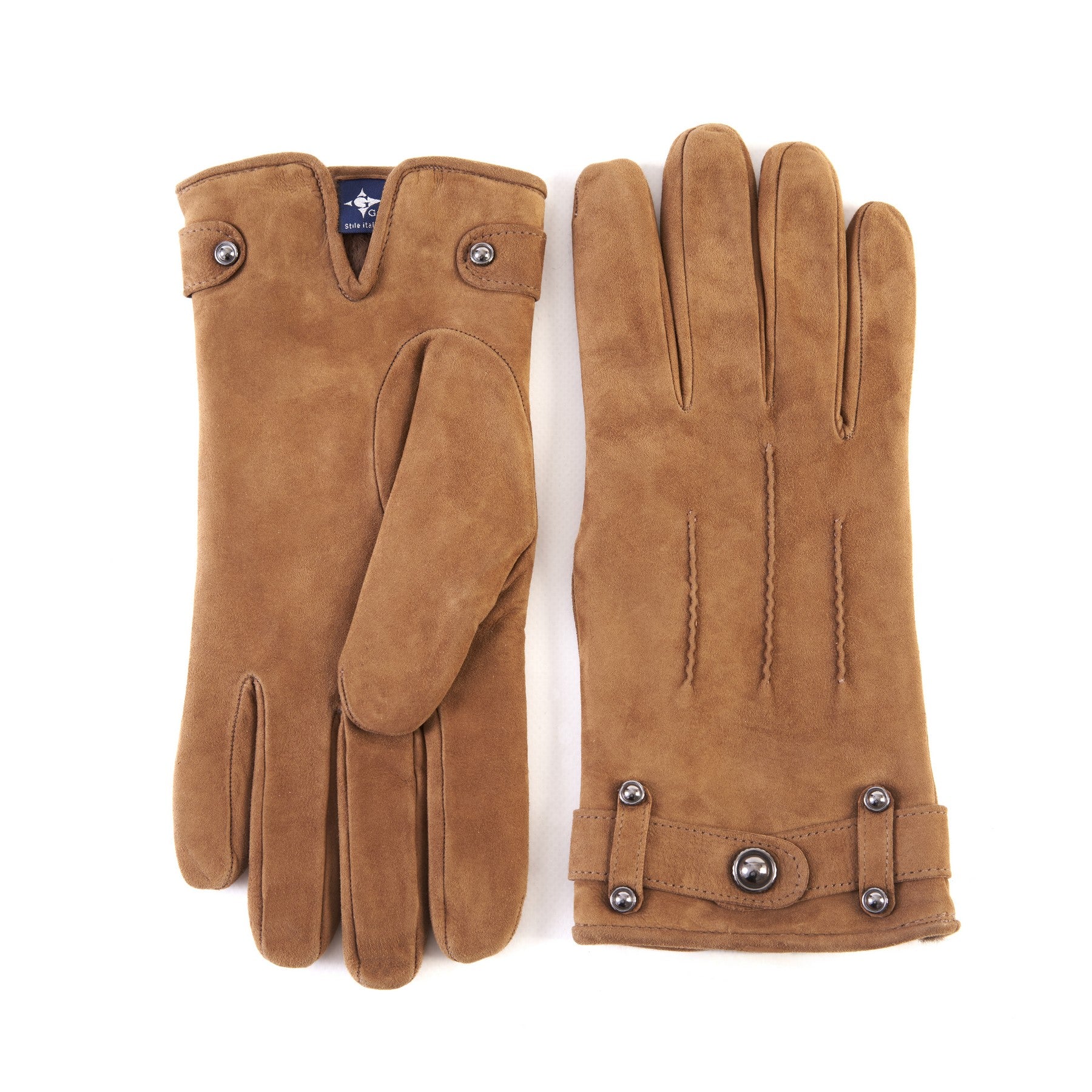 Men's camel suede leather gloves with strap and cashmere lining