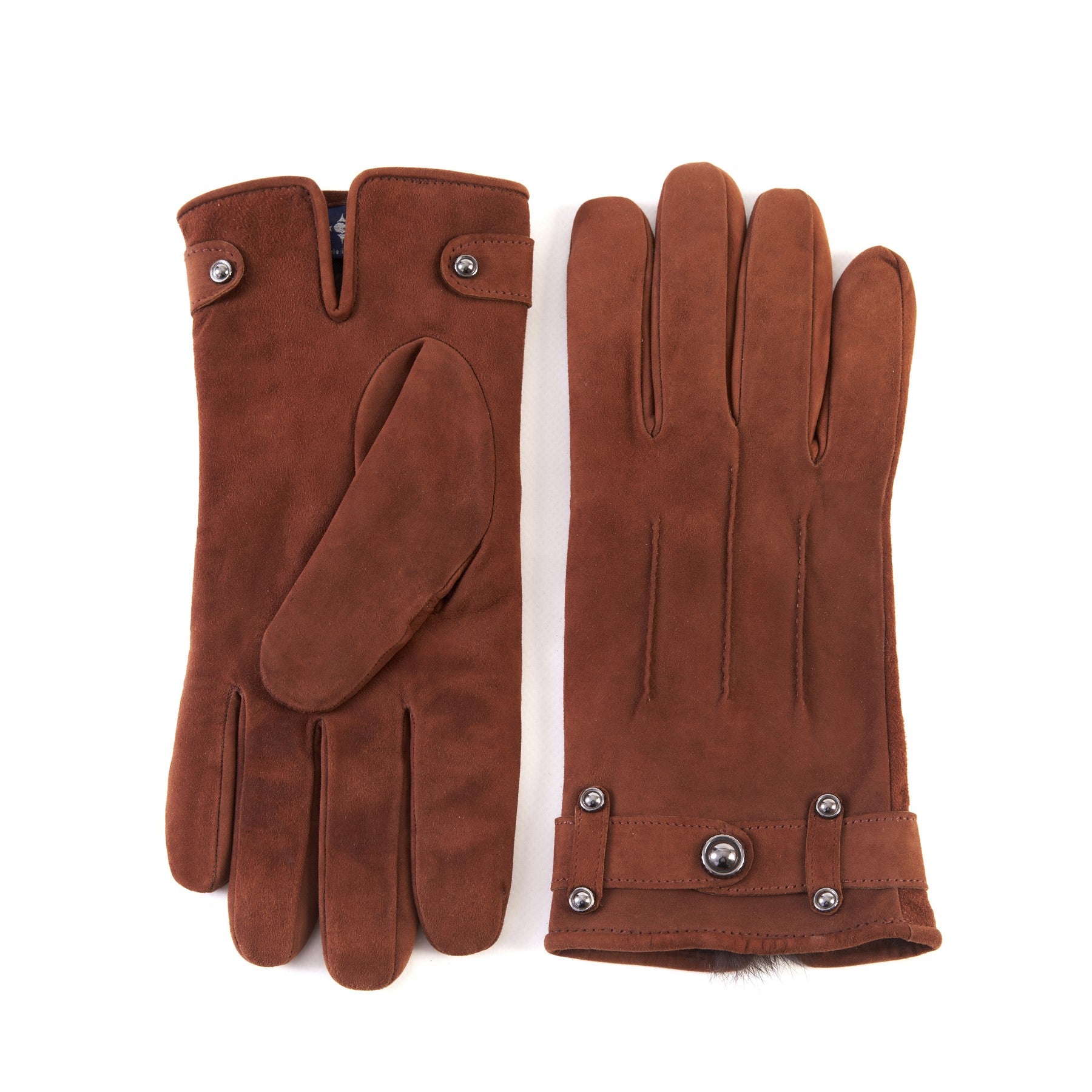 Men's cognac suede leather gloves with strap and cashmere lining