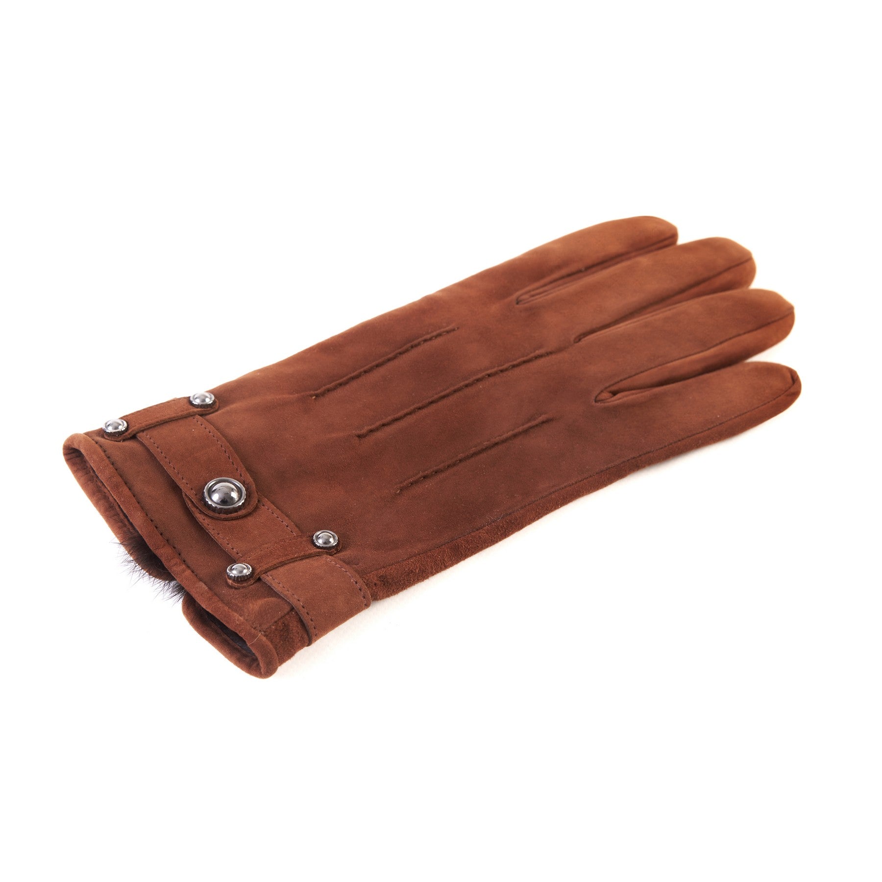 Men's cognac suede leather gloves with strap and cashmere lining