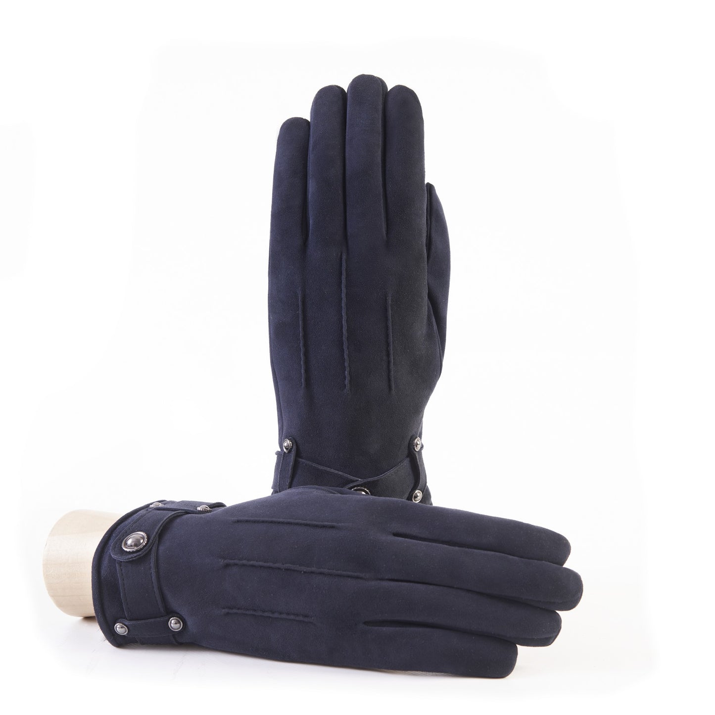 Men's navy suede leather gloves with strap and cashmere lining