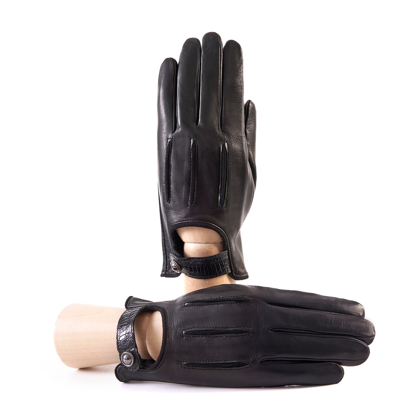 Men's soft black nappa leather gloves with suede details with strap and silk lining