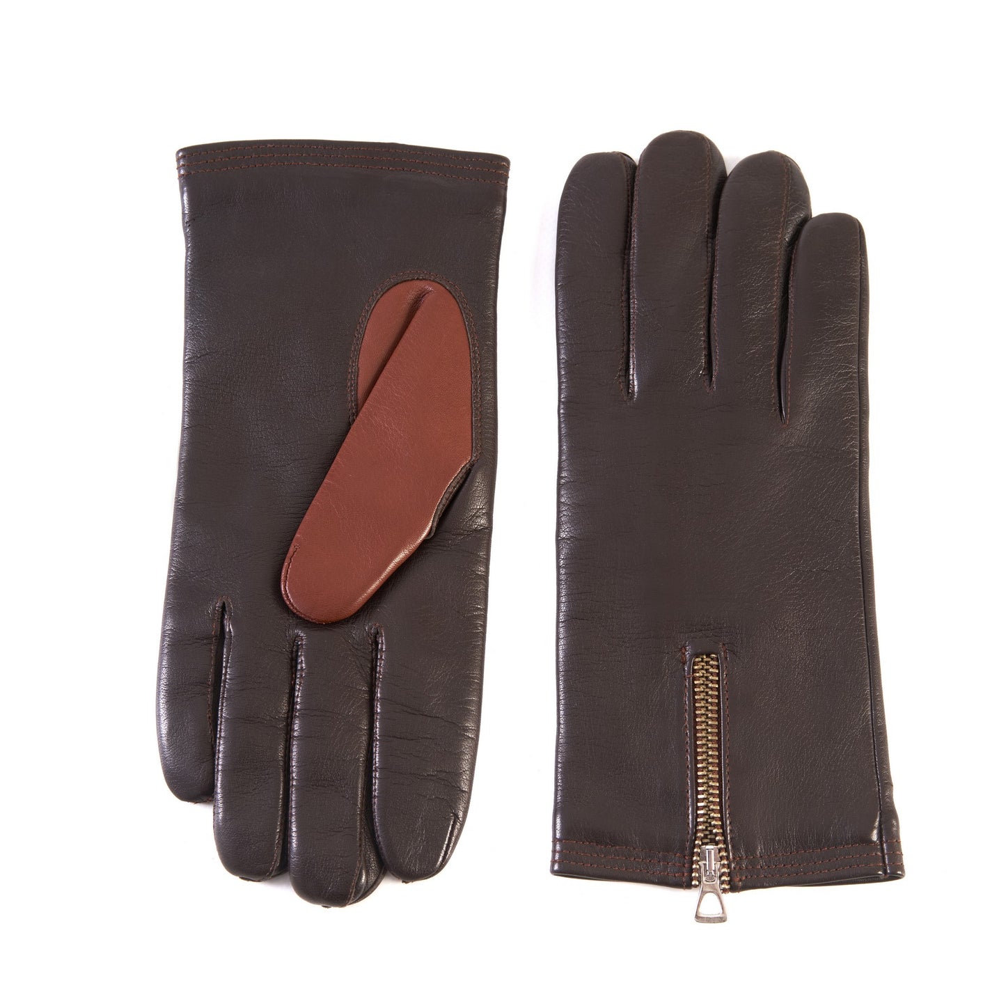 Men's brown nappa leather gloves with cognac thumb and stitching with zip and cashmere lined