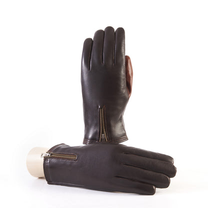 Men's brown nappa leather gloves with cognac thumb and stitching with zip and cashmere lined