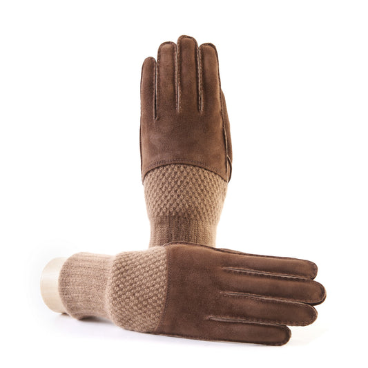Men's hand-stitched brown suede gloves with cashmere top and lining