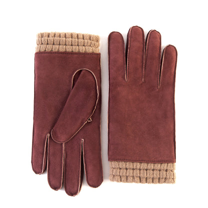 Men's bordeaux suede leather gloves with cashmere lining and plissè cuff
