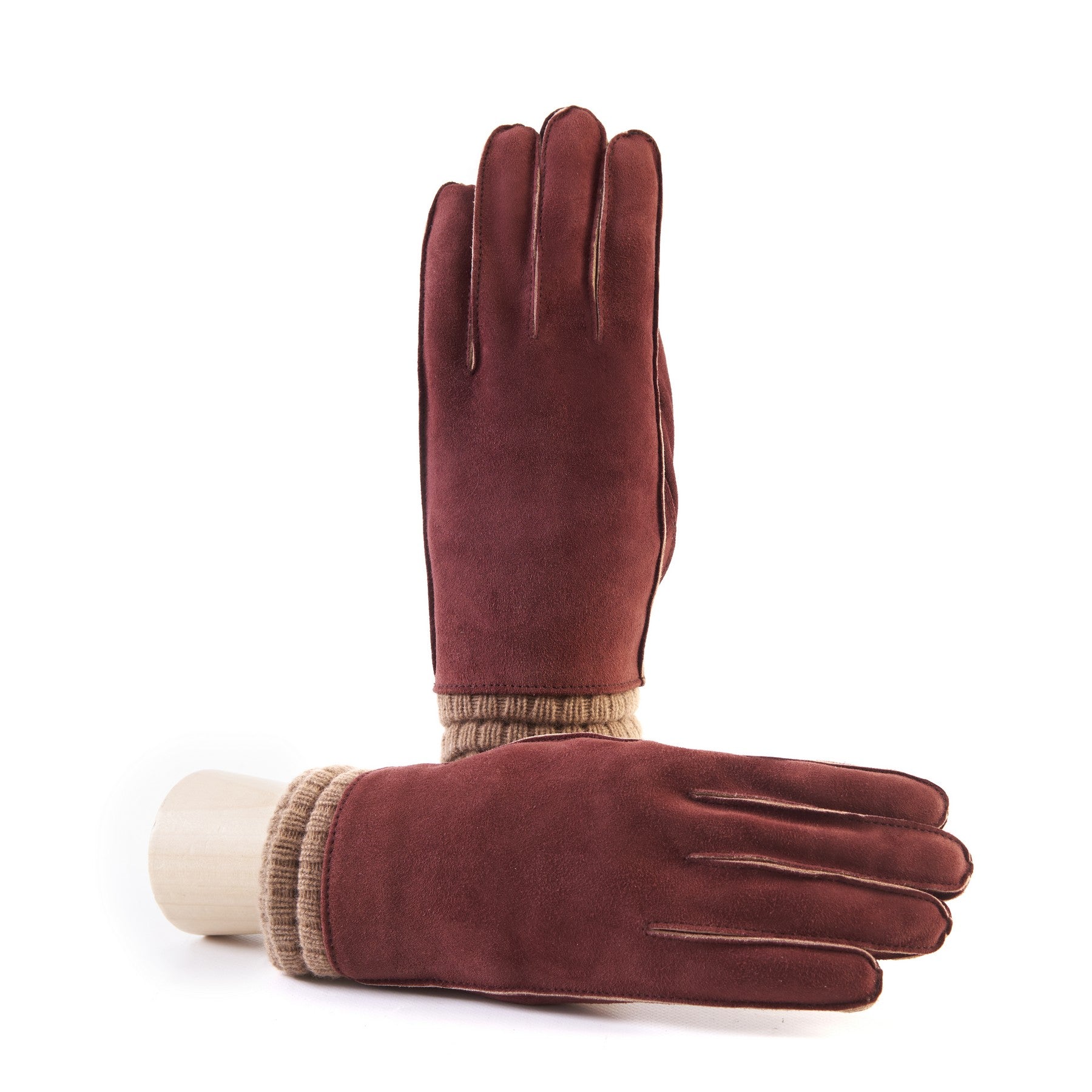 Men's bordeaux suede leather gloves with cashmere lining and plissè cuff
