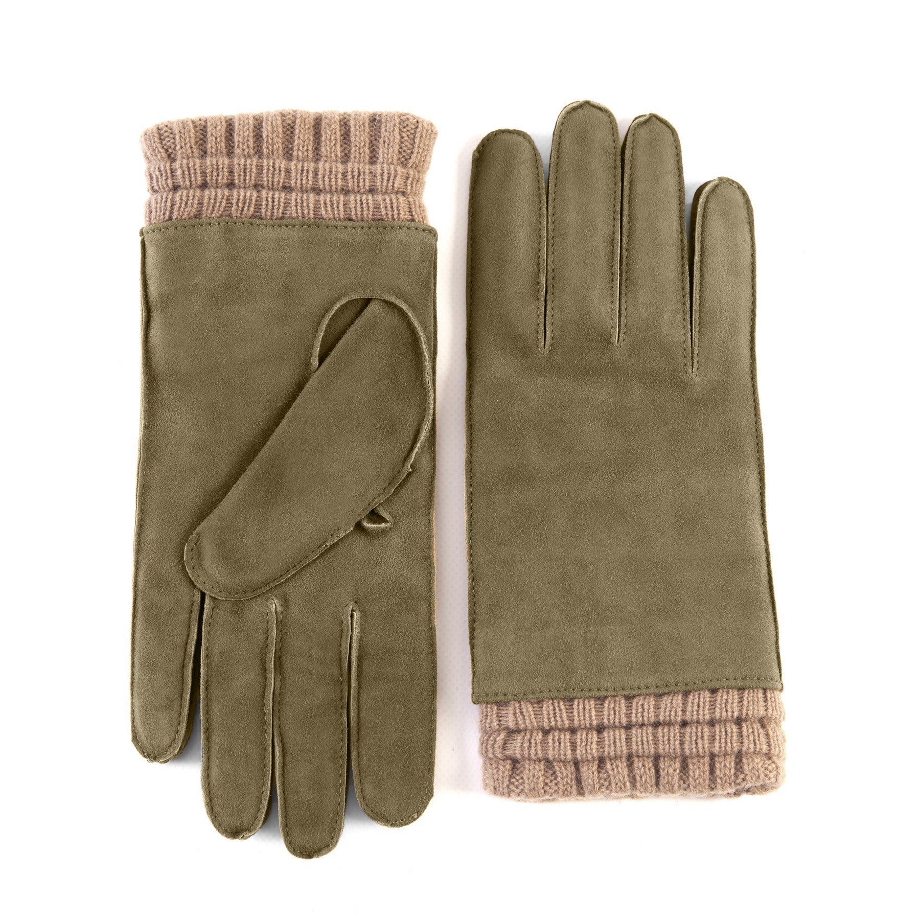 Men's green suede leather gloves with cashmere lining and plissè cuff