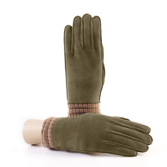 Men's green suede leather gloves with cashmere lining and plissè cuff