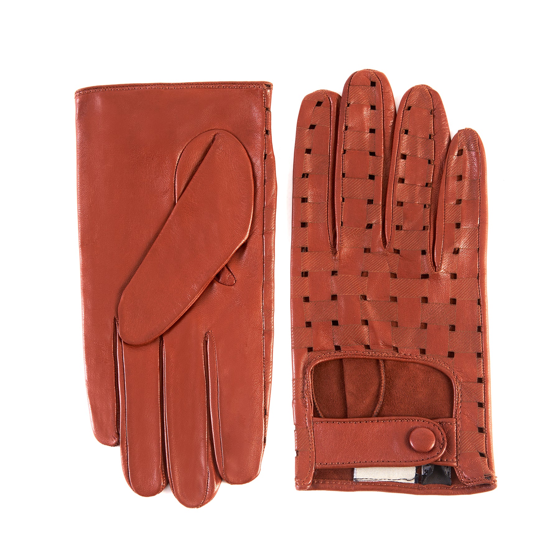 Men's cognac nappa leather driving gloves with laser-cut details