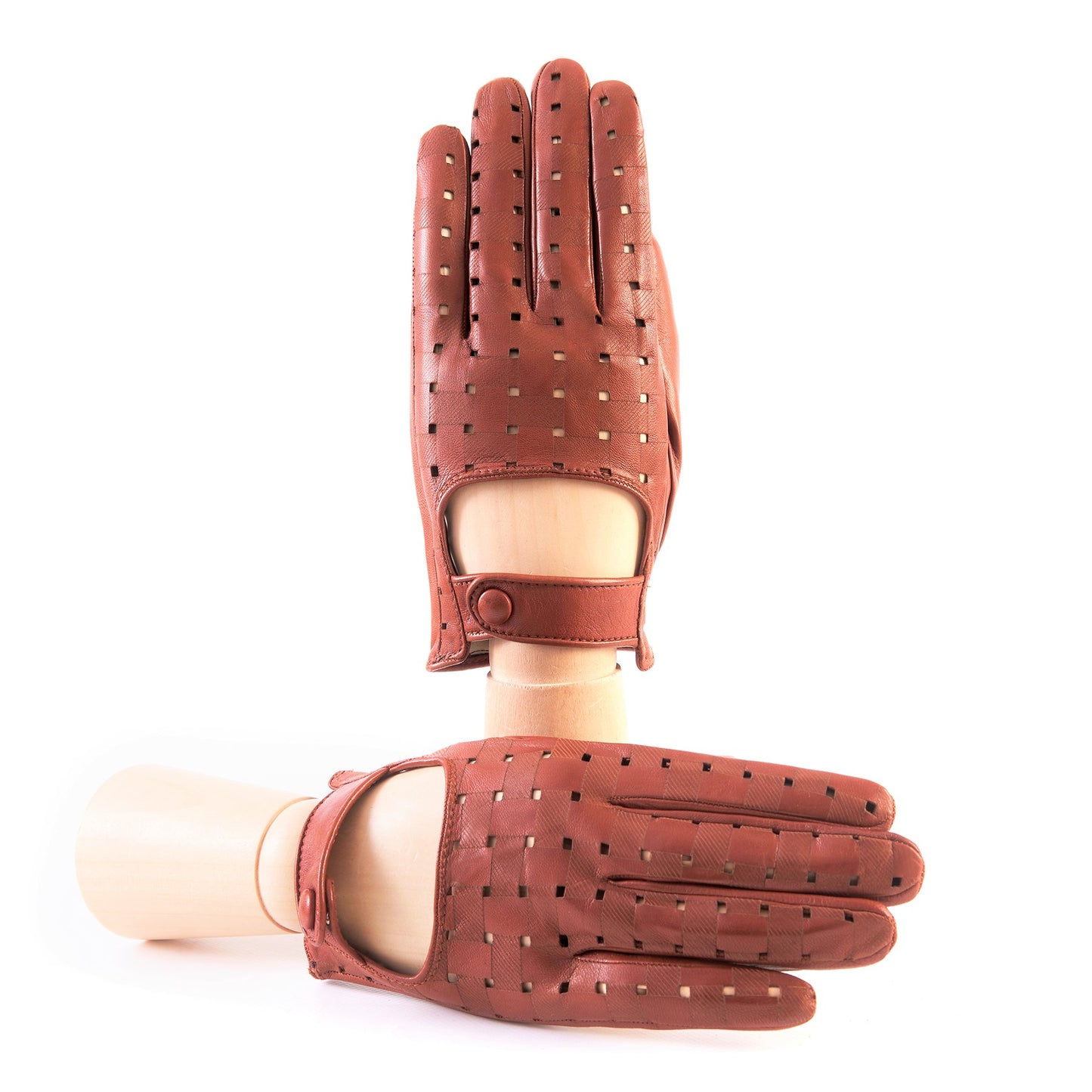 Men's cognac nappa leather driving gloves with laser-cut details
