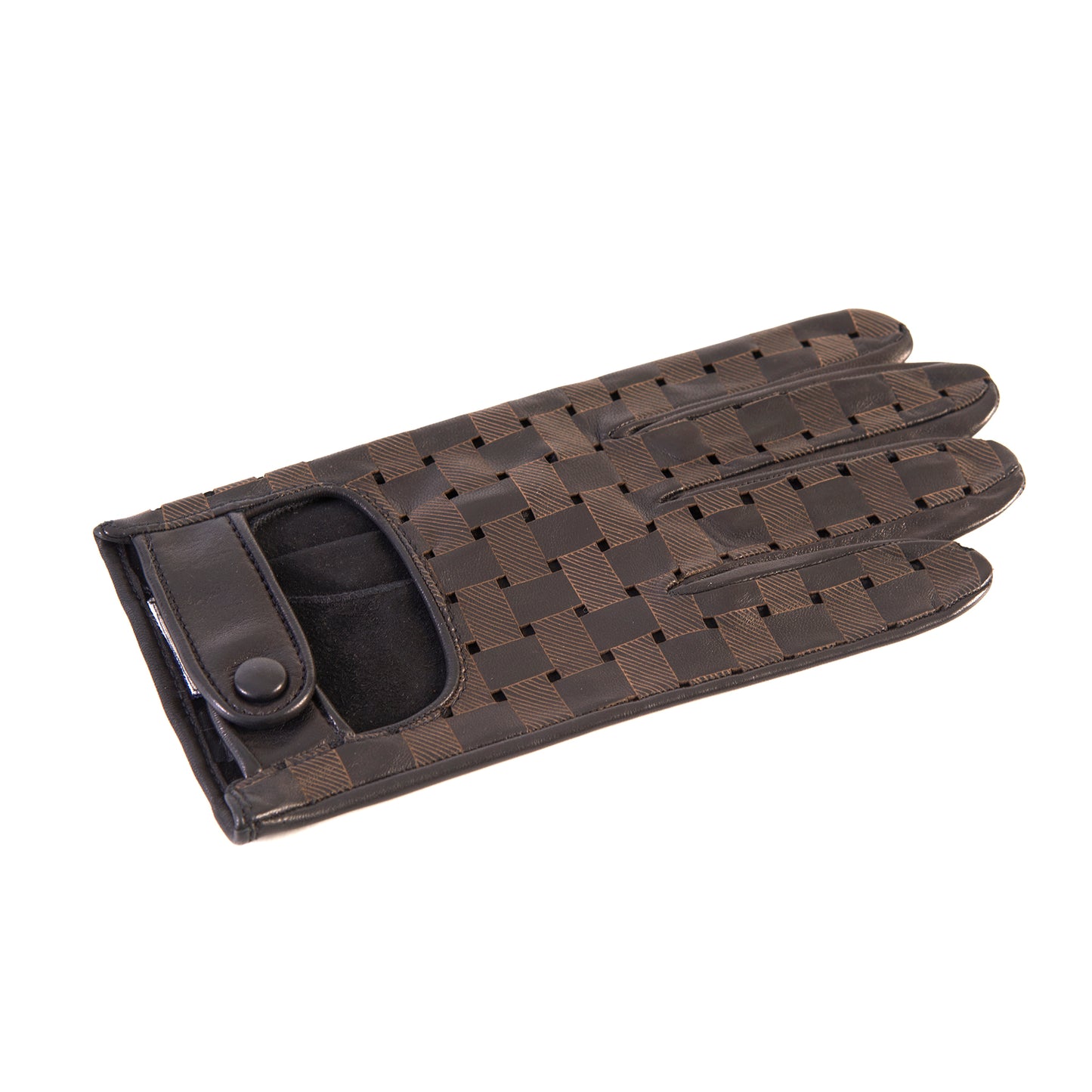 Men's black nappa leather driving gloves with laser-cut details