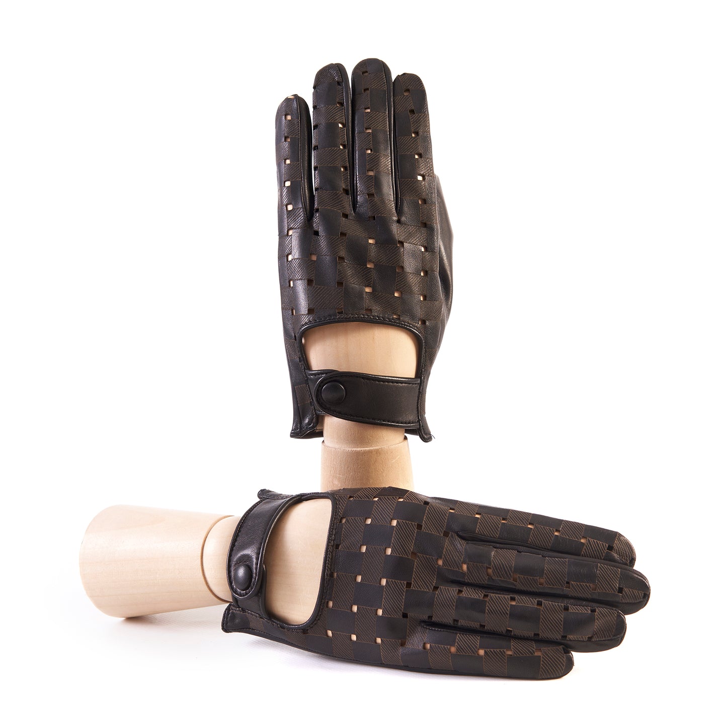 Men's black nappa leather driving gloves with laser-cut details