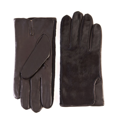 Men's brown nappa leather gloves with a pony panel on top and silk lined