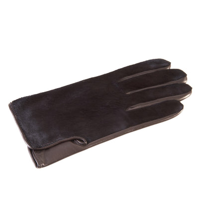 Men's brown nappa leather gloves with a pony panel on top and silk lined