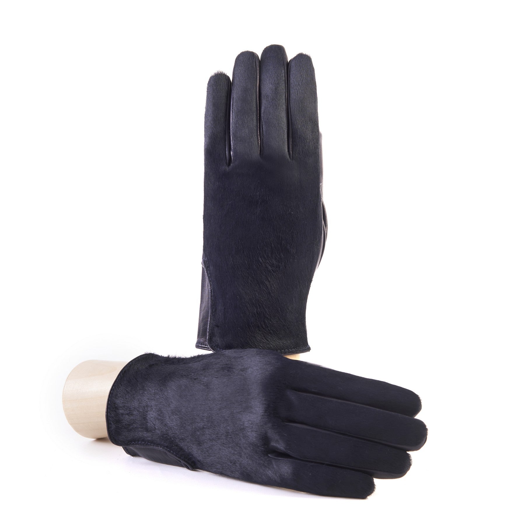 Men's navy nappa leather gloves with a pony panel on top and silk lined