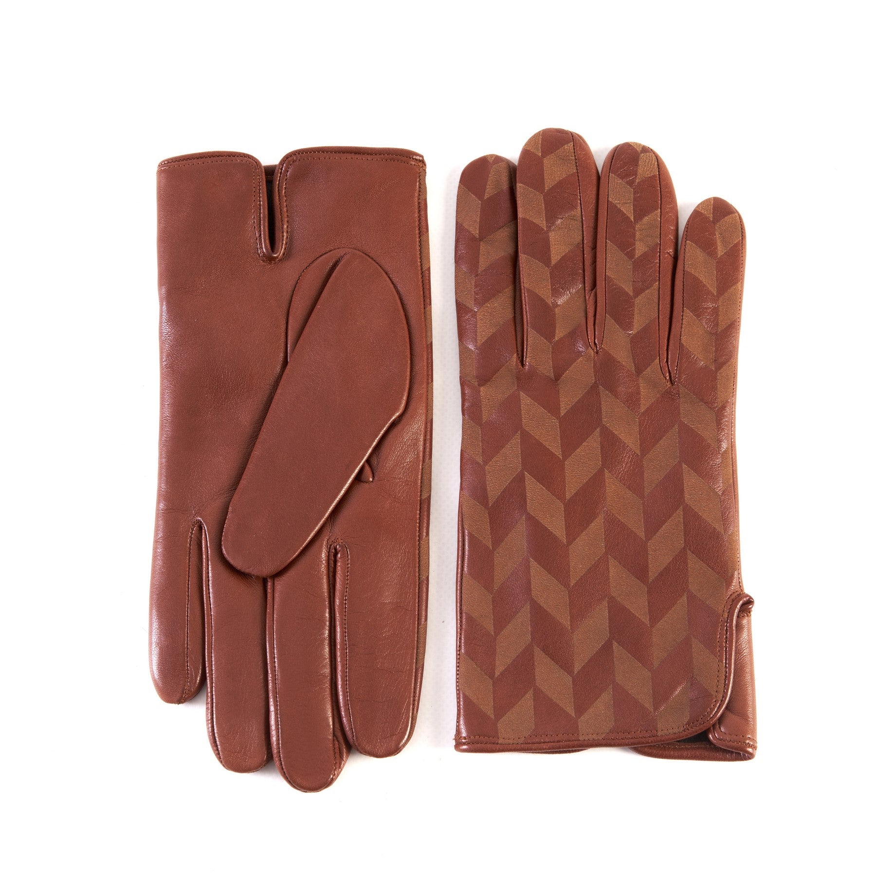 Men's cognac nappa leather gloves with laser-worked on the back palm opening and cashmere lining