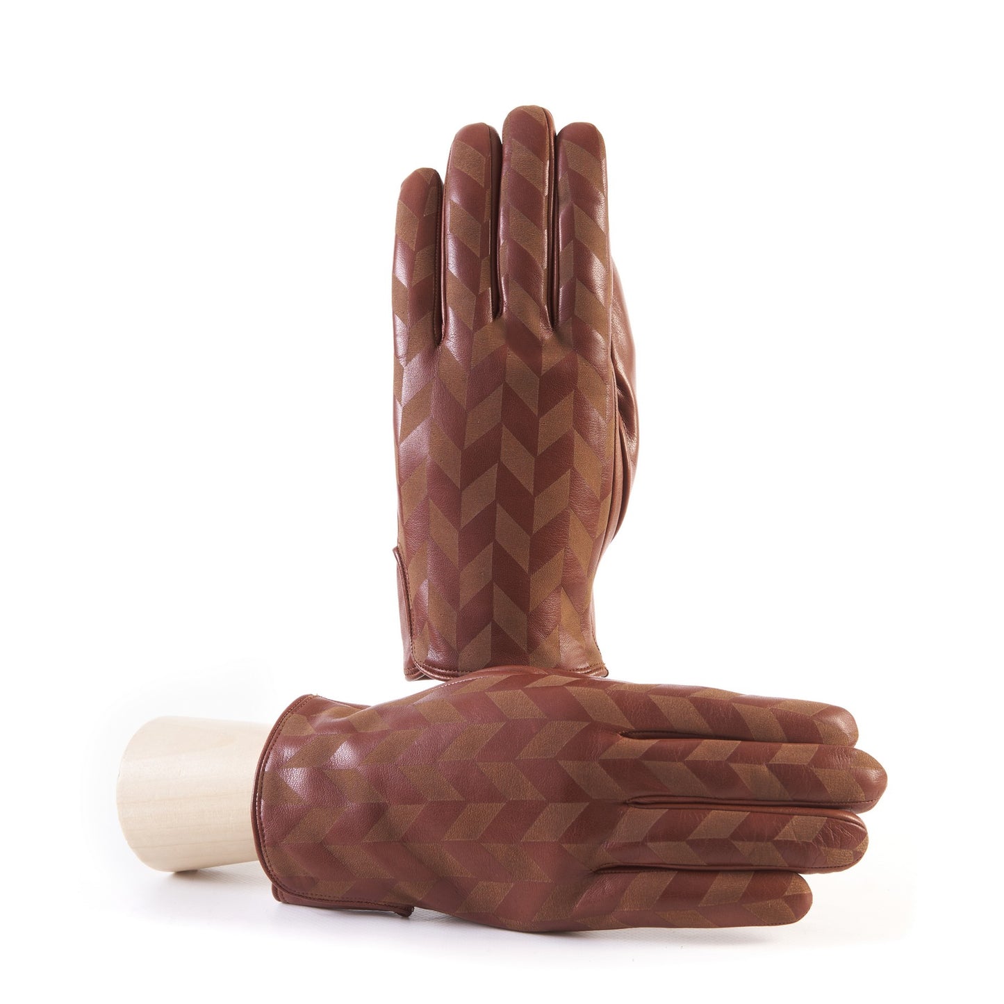 Men's cognac nappa leather gloves with laser-worked on the back palm opening and cashmere lining