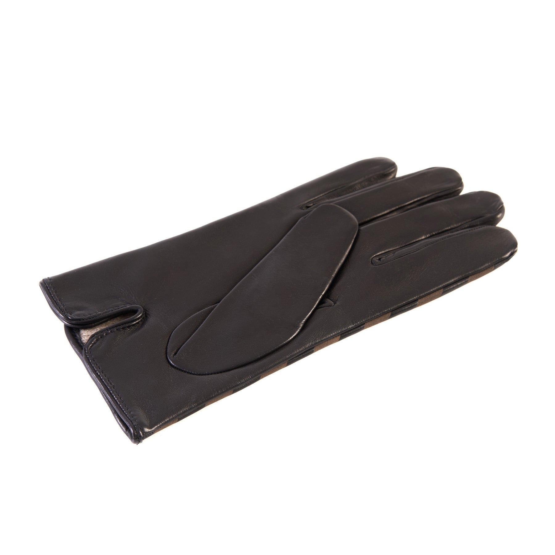 Men's black nappa leather gloves with laser-worked on the back palm opening and cashmere lining