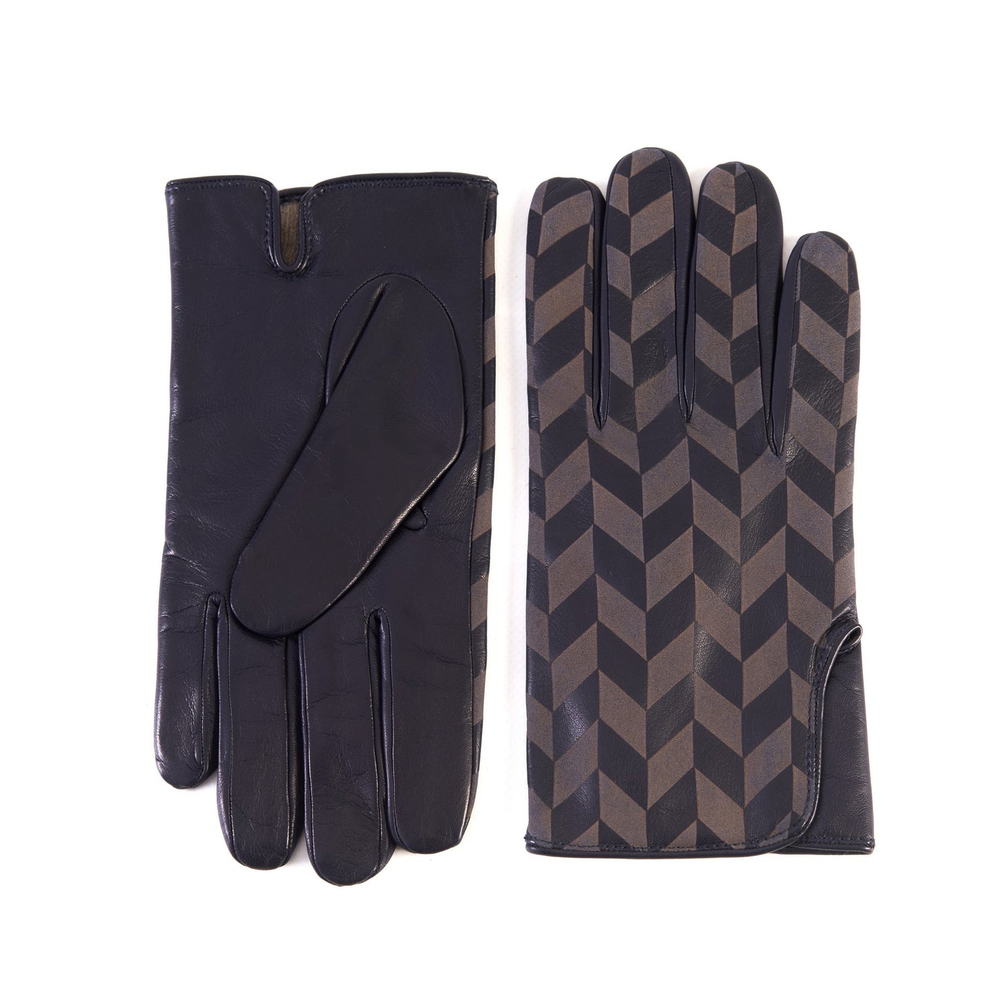Men's blue nappa leather gloves with laser-worked on the back palm opening and cashmere lining