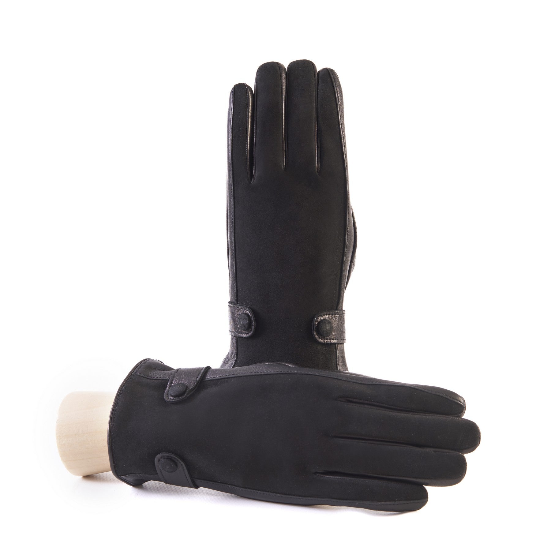 Men's black nappa and suede leather gloves with buttons and elastic on palm