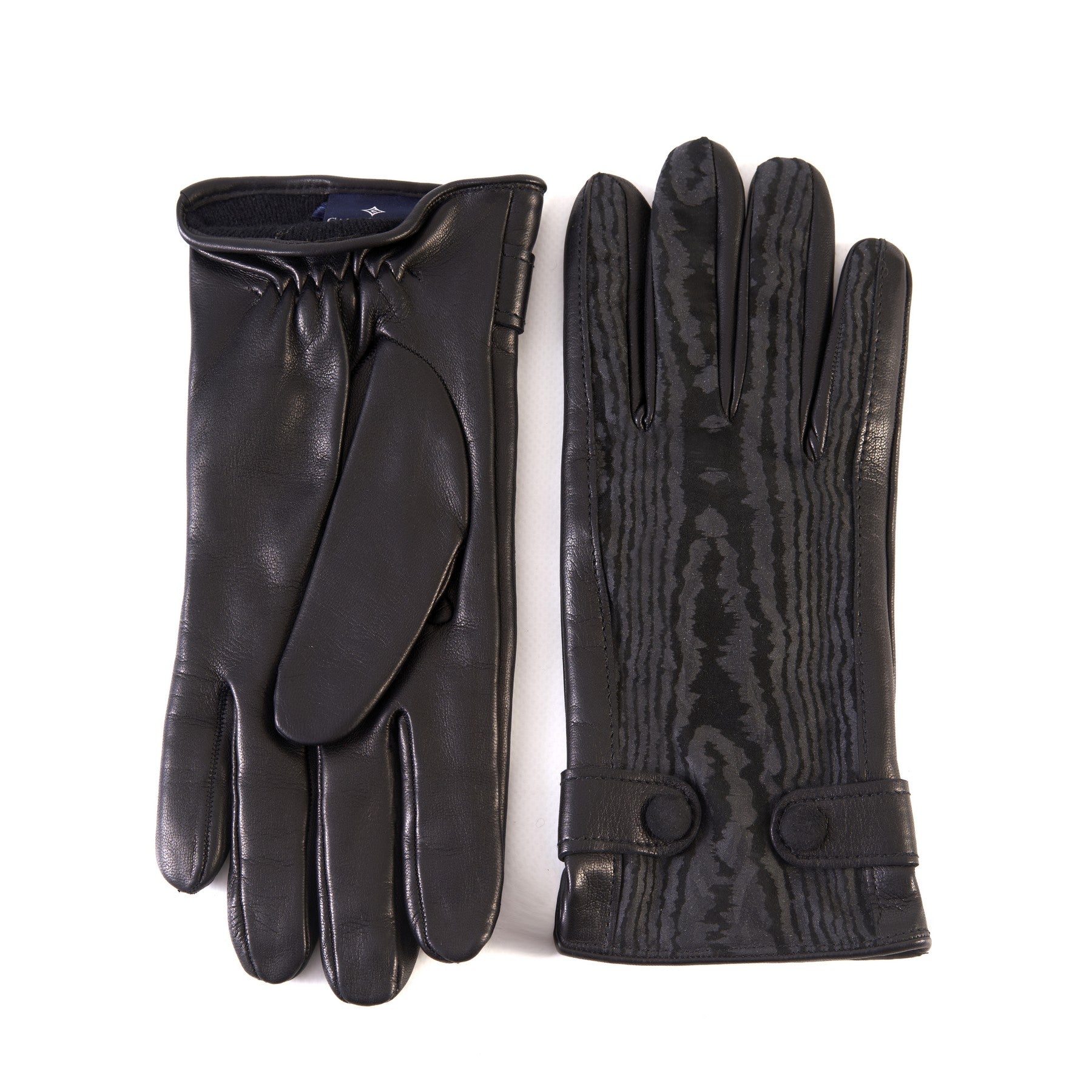 Men's black nappa and printed suede leather gloves with buttons and elastic on palm