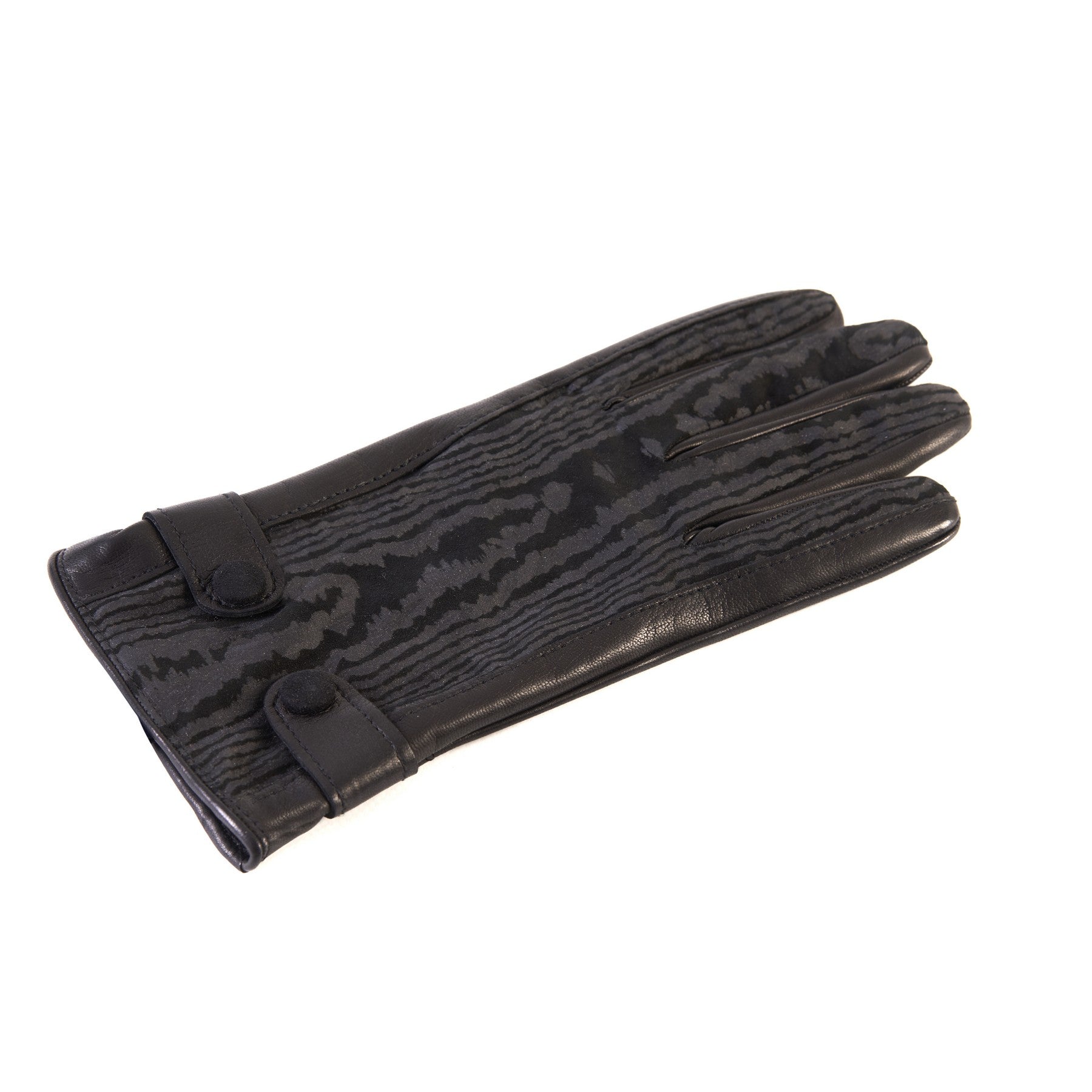 Men's black nappa and printed suede leather gloves with buttons and elastic on palm
