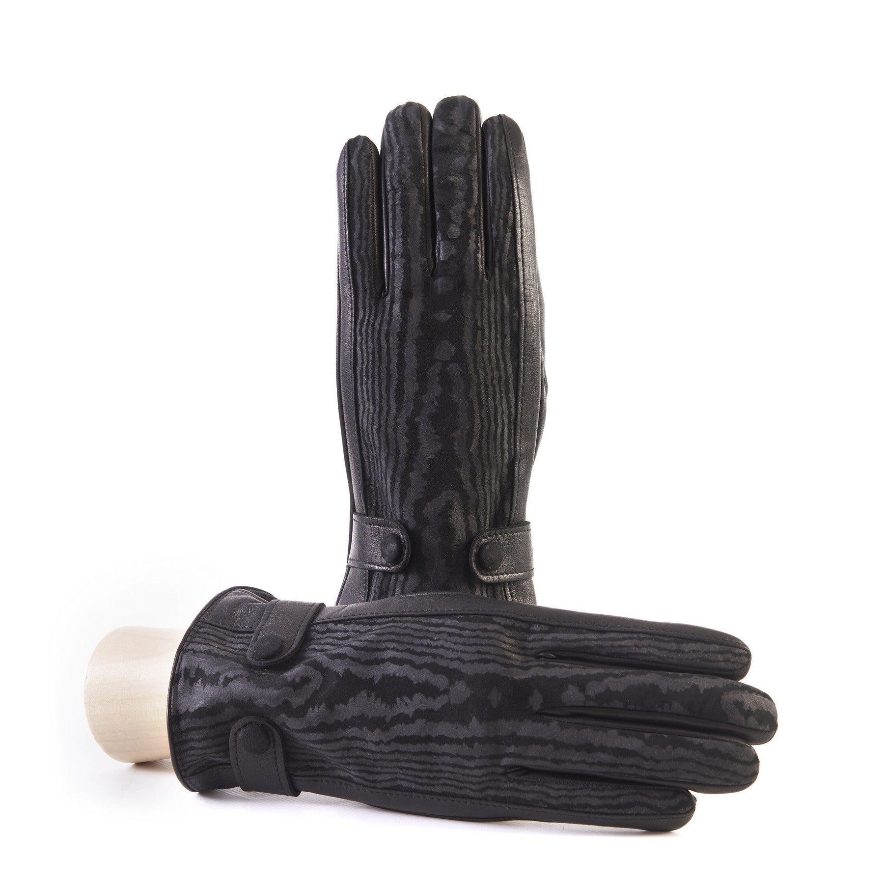 Men's black nappa and printed suede leather gloves with buttons and elastic on palm