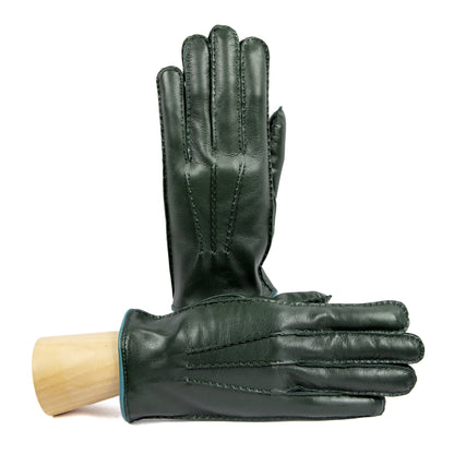 Men's fully hand-stitched green nappa leather gloves and cashmere lining