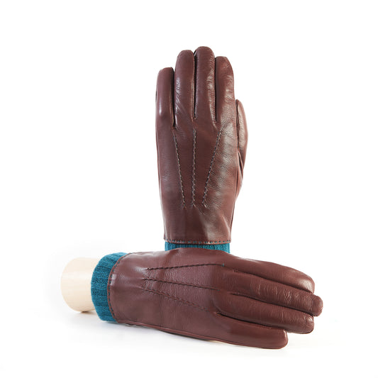 Men's burgundy nappa leather gloves with coloured cashmere lining and cuff