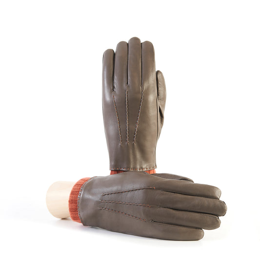 Men's taupe nappa leather gloves with coloured cashmere lining and cuff