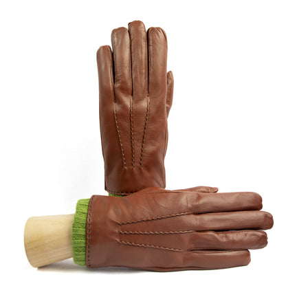 Men's cognac nappa leather gloves with coloured cashmere lining and cuff